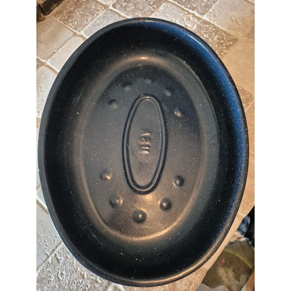 Vintage Blue & White Speckled Enamelware Replacement Roaster Lid Oval Baking